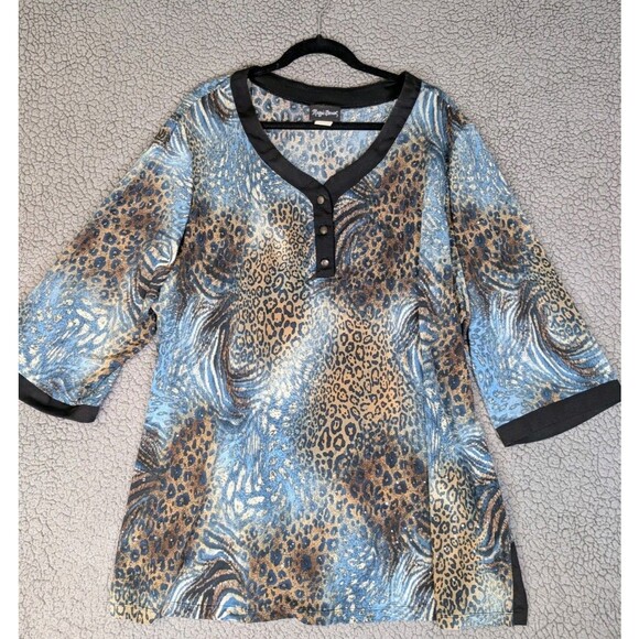 Maggie Barnes Women's Top 3X Sequin Cheetah Print Split V Neck Half Sleeve Plus - Picture 1 of 11